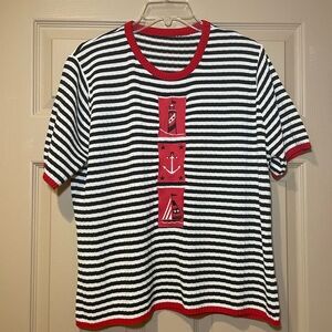 Striped Black and White Nautical Knit Top with Red Accents, Size L/XL (?)